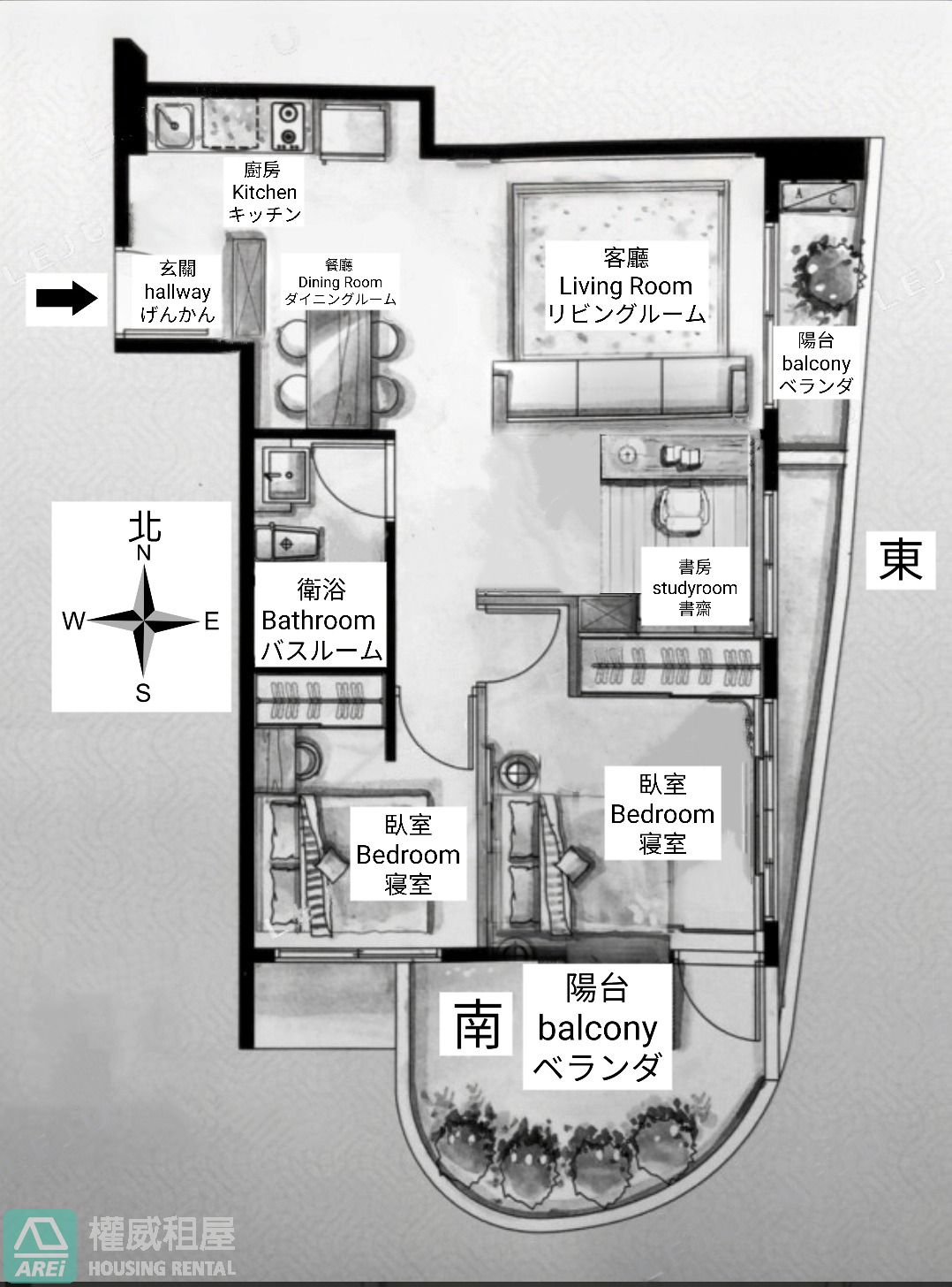 中央公園R9/O4雙捷∣民生香榭∣邊間雙景觀陽台2+1房平車