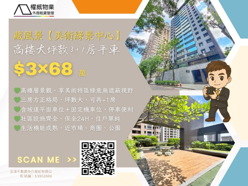 📍藏風景【美術綠景中心】高樓大坪數3+1房平車