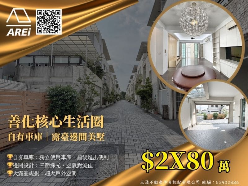善化核心生活圈｜自有車庫｜露臺邊間美墅